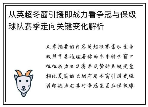 从英超冬窗引援即战力看争冠与保级球队赛季走向关键变化解析