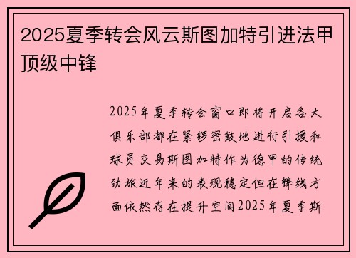 2025夏季转会风云斯图加特引进法甲顶级中锋