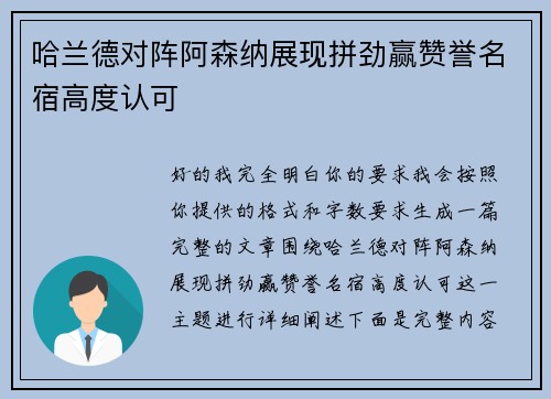 哈兰德对阵阿森纳展现拼劲赢赞誉名宿高度认可