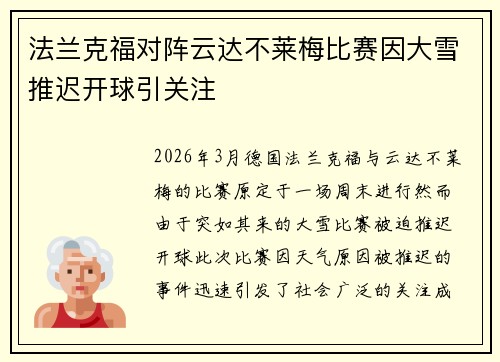 法兰克福对阵云达不莱梅比赛因大雪推迟开球引关注